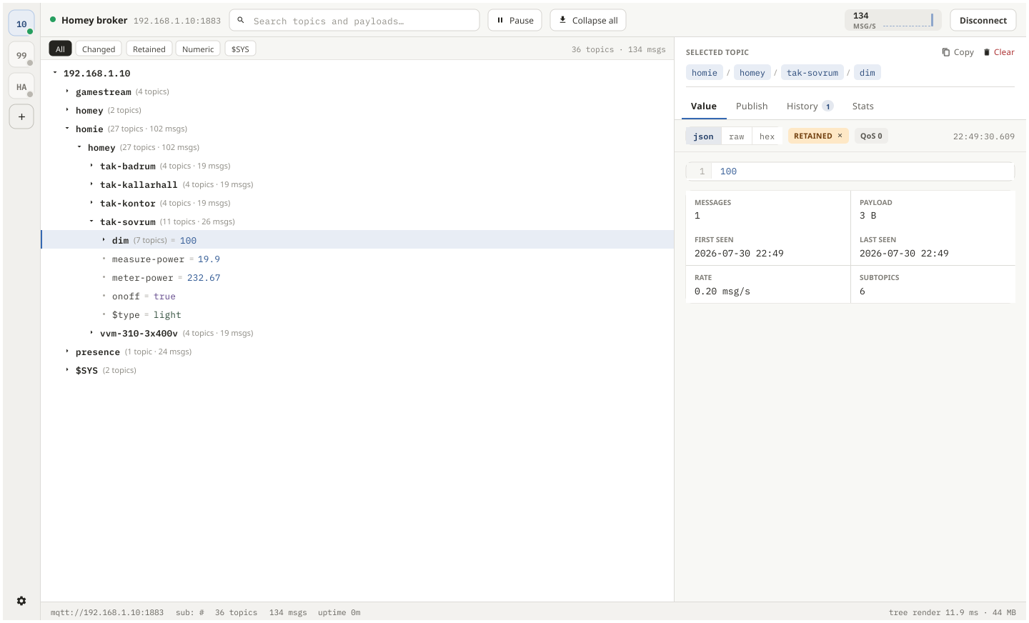 Lyssna main window: broker rail, topic tree and inspector